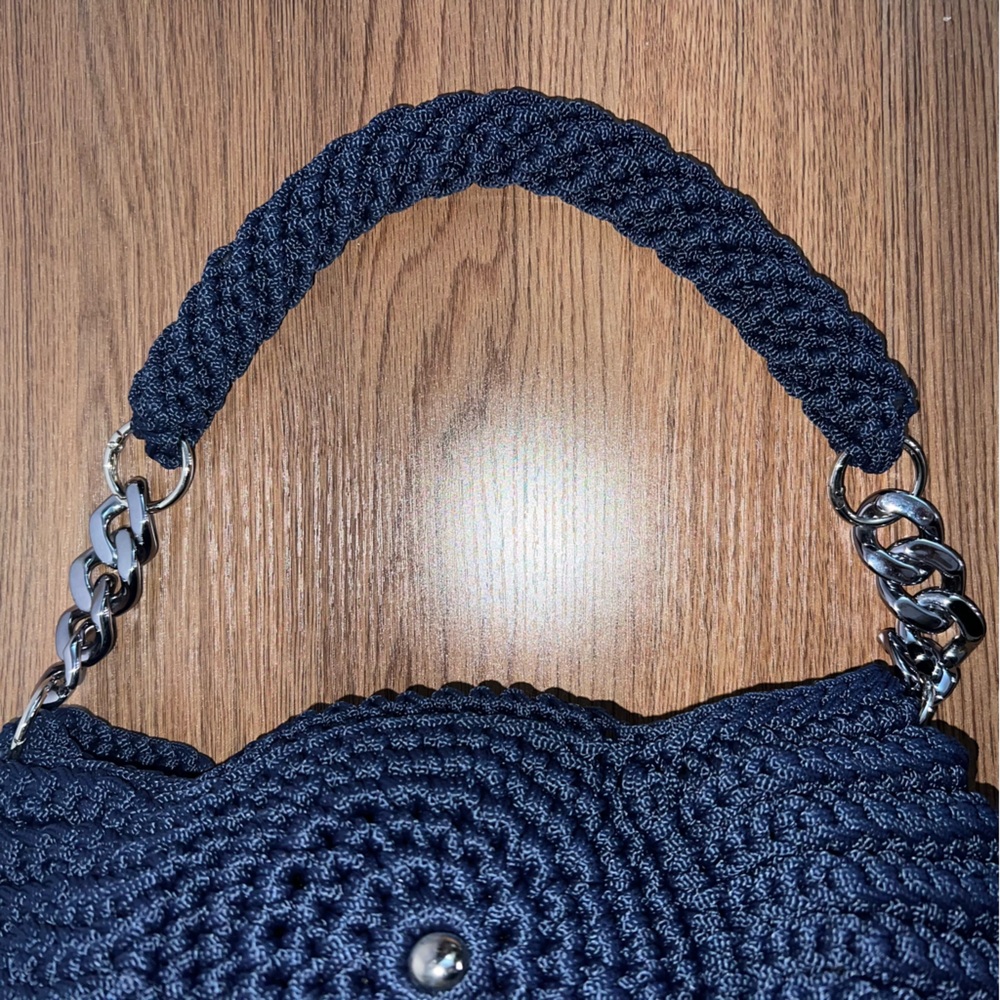 Navy Blue Crochet Oreo Shoulder Bag with Chain Detail - Picture 5 of 8